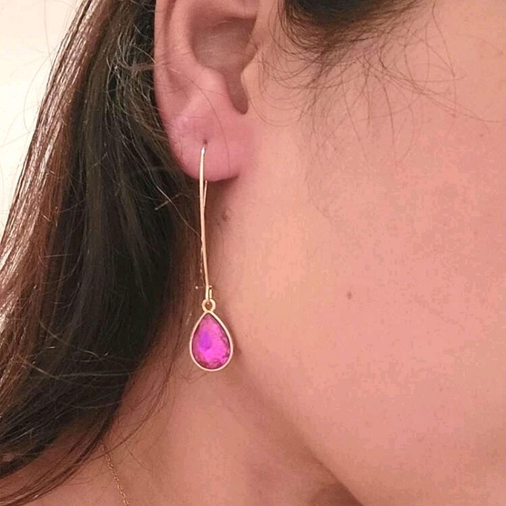 Gold dangle Hot pink glass statement earrings dainty long event party 💖